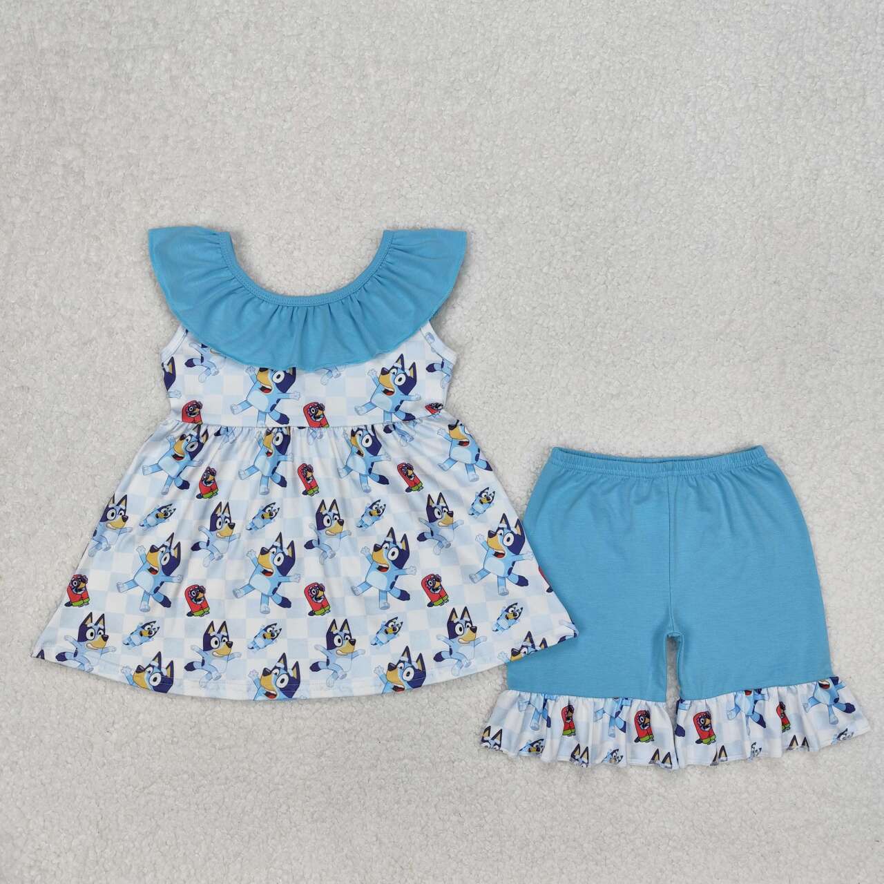 Baby girl blue cartoon dog plaid design summer outfit