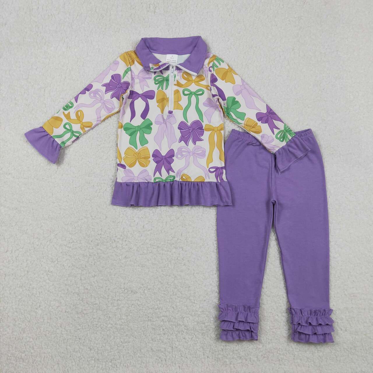 Mardi Gras bow pullover matching pants kids long sleeve outfit