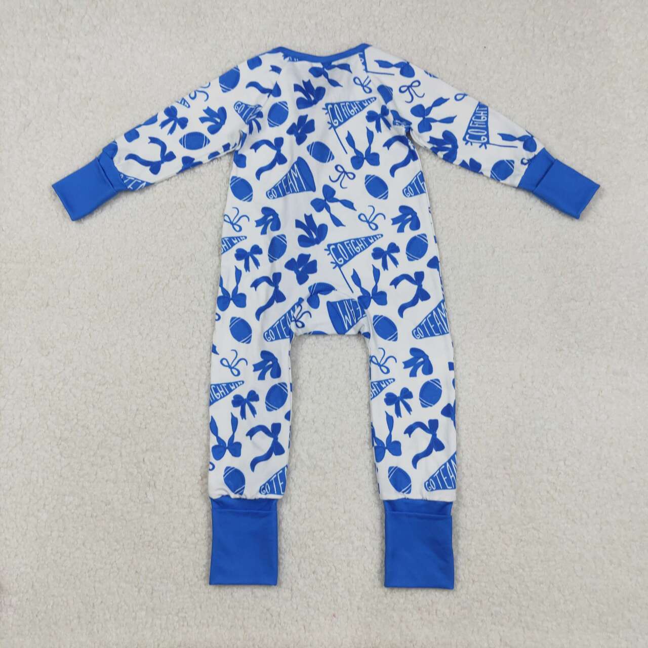 Blue bow football design girls long sleeve romper