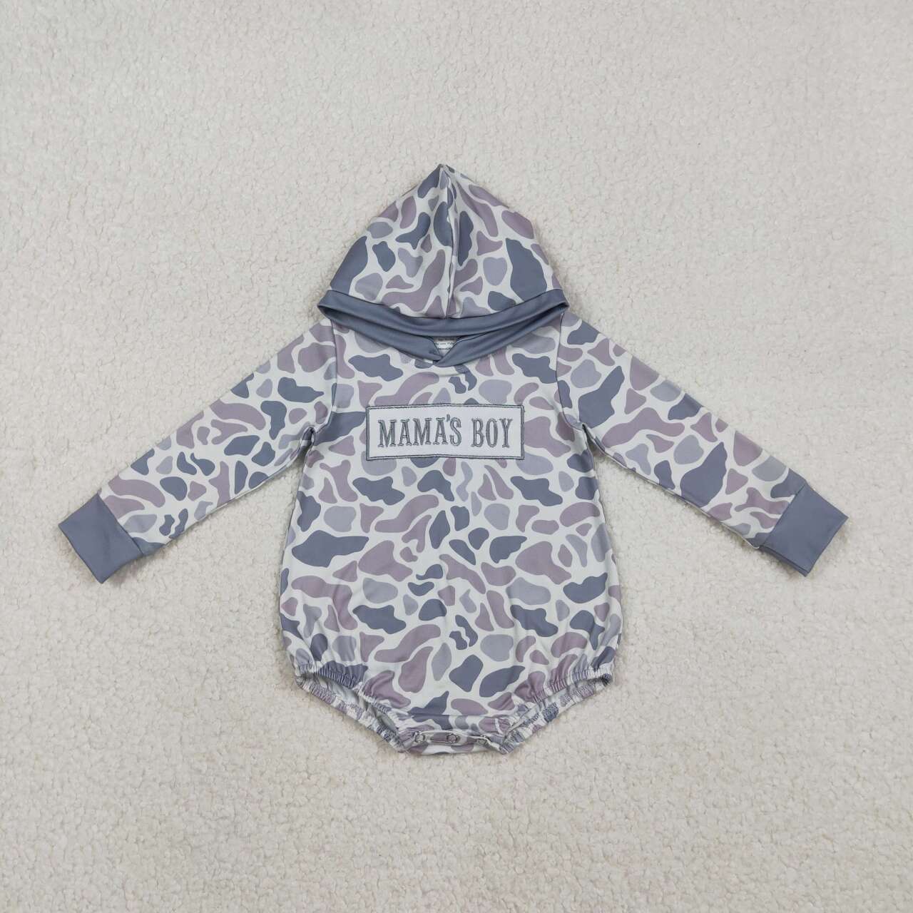 Embroidery Mamas boy light grey camo toddle baby long sleeve hoodie romper