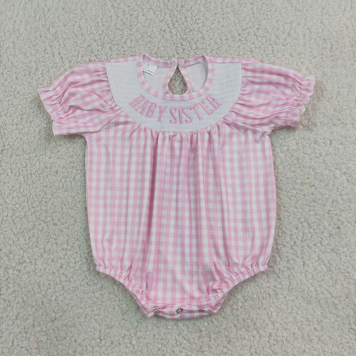 Baby sister pink plaid short sleeve smocked romper