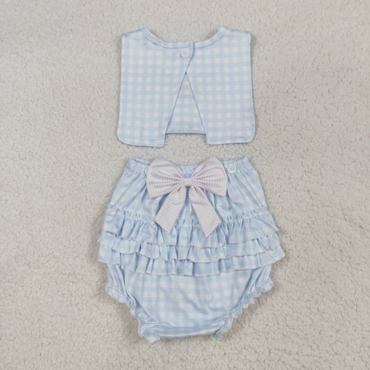 baby girls embroidery pink bow blue plaid romper
