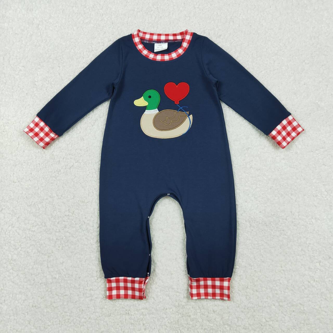 Valentines day embroidery mallard duck toddle baby boy long sleeve romper