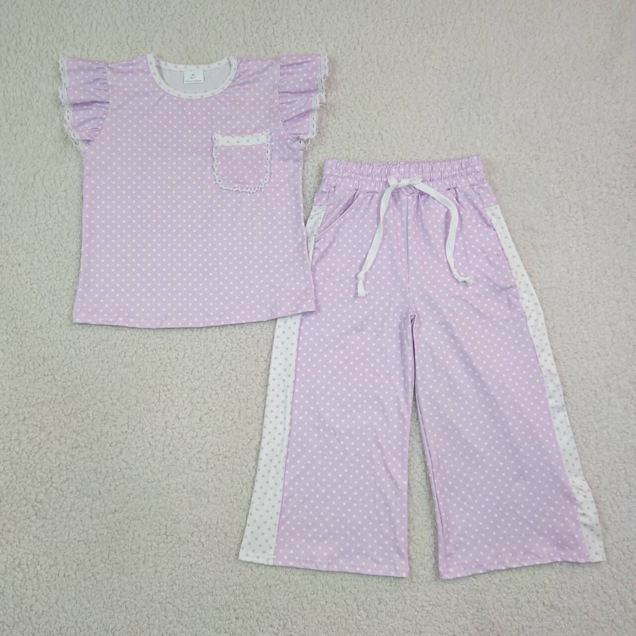 Lavender print short sleeve top matching pants girl outfit