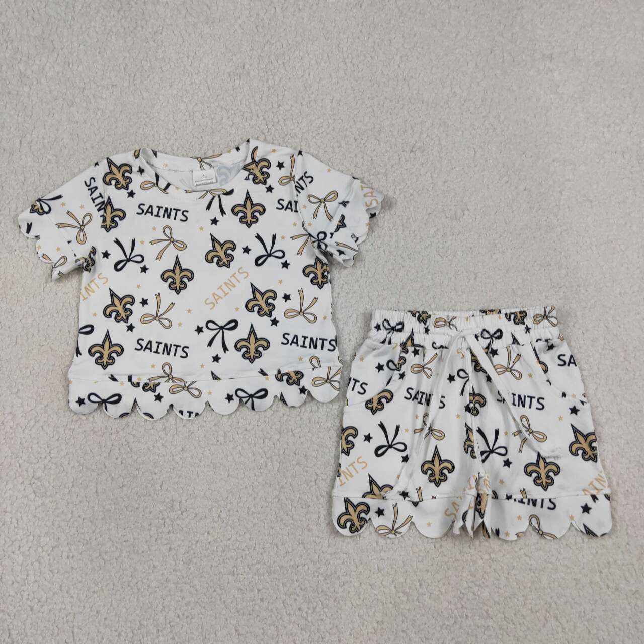 Custom team saint bow print short sleeve top matching shorts girl summer outfit