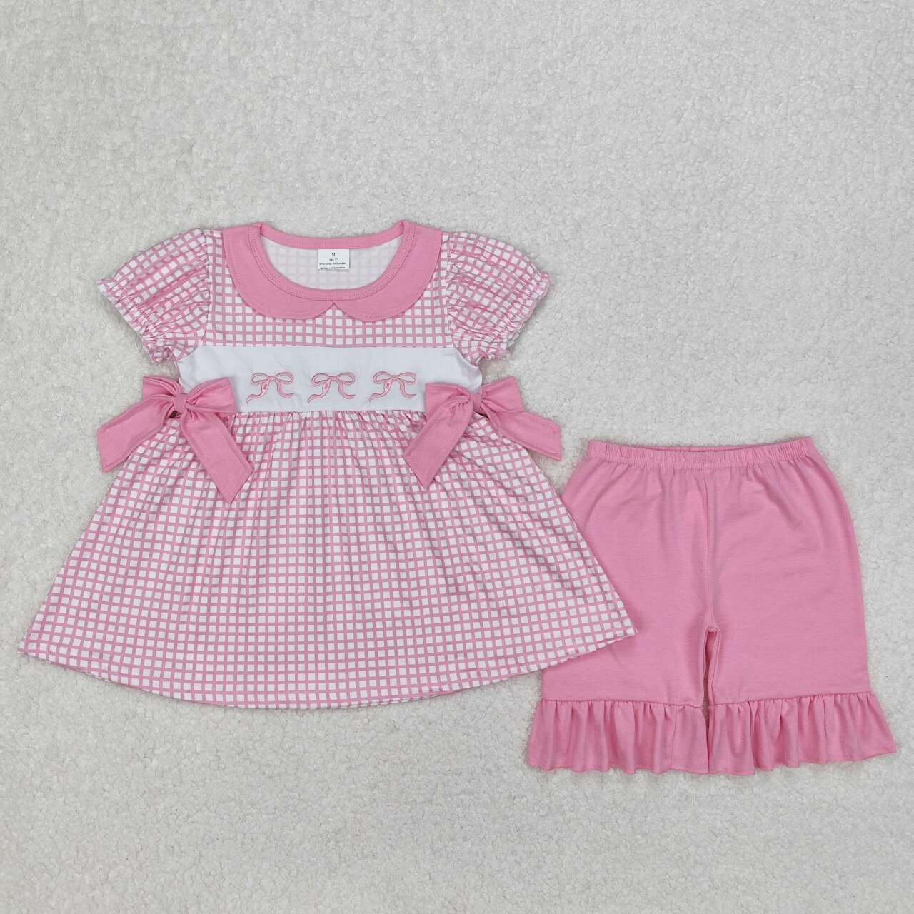 Baby girl pink plaid embroidery bow top matching shorts summer outfit
