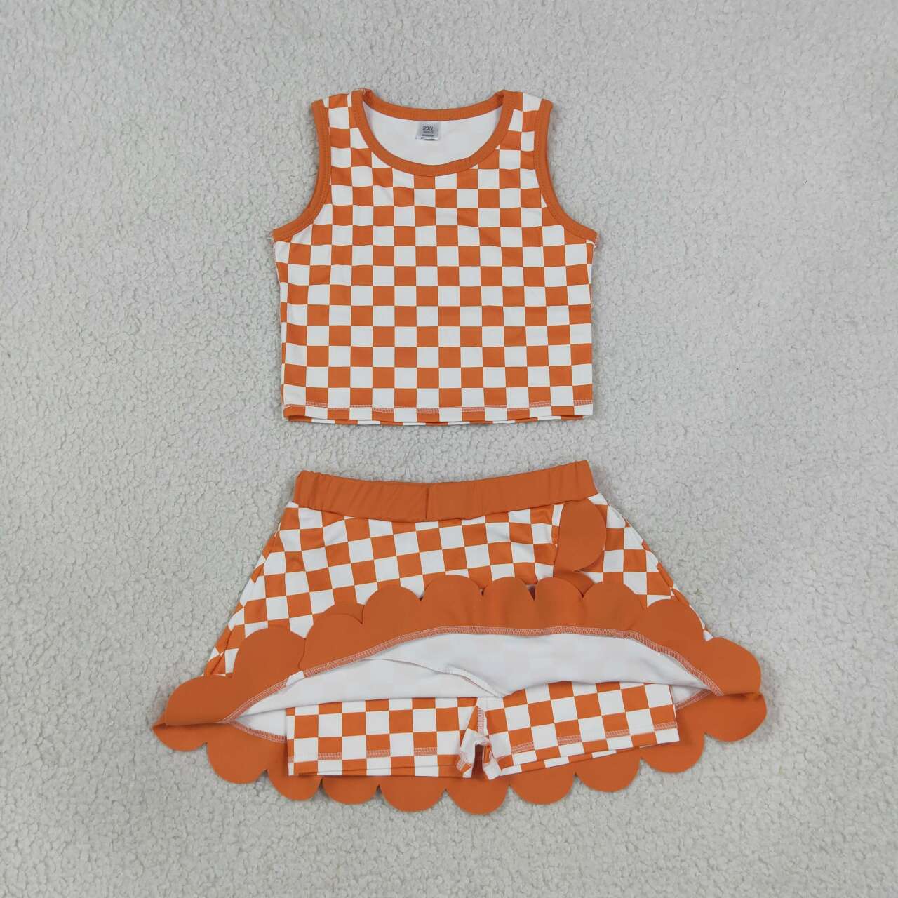 Orange plaid sleeveless yoga top matching skorts girls outfit