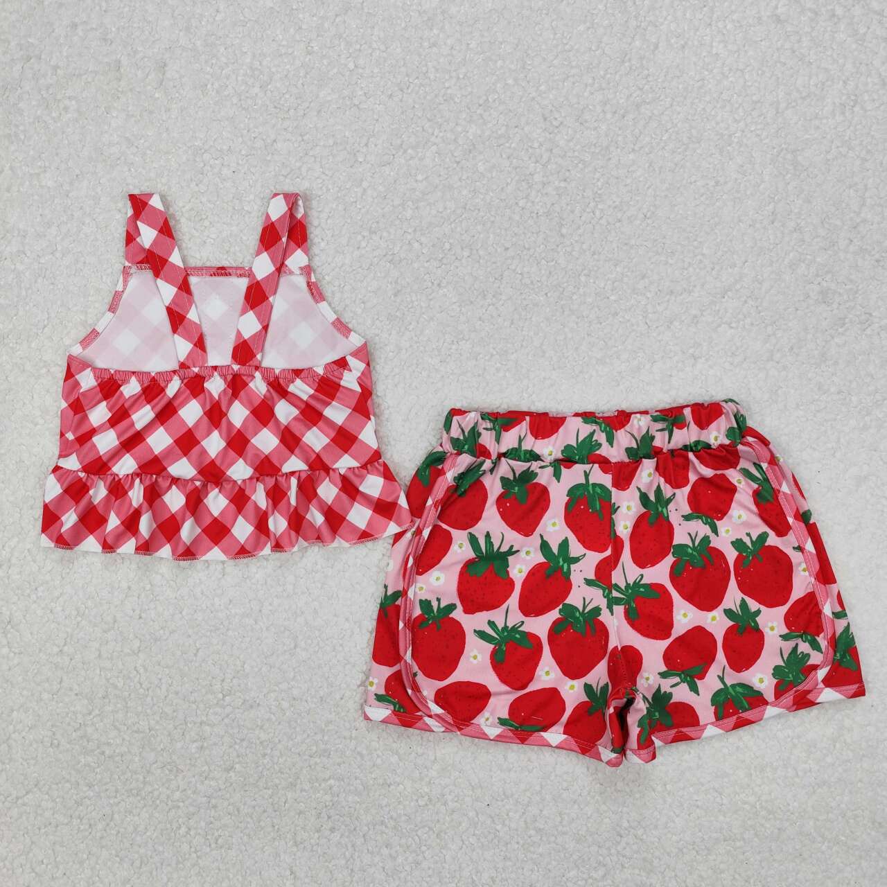 Infant baby girls red plaid top strawberry shorts summer clothes