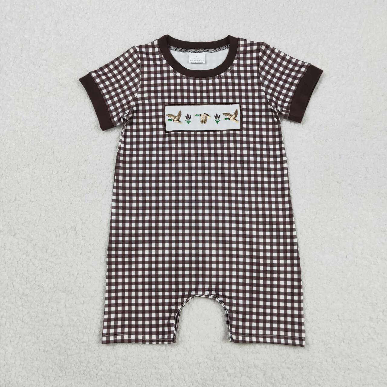 Baby embroidery mallard duck brown plaid short sleeve zi romper