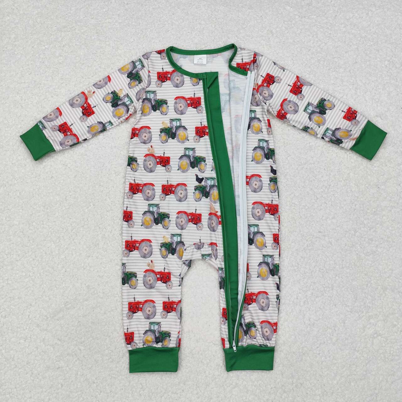 baby boy farm tractor long sleeve bamboo zip romper