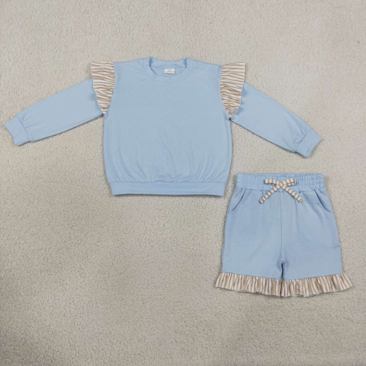 Blue long sleeve top matching shorts girls outfit