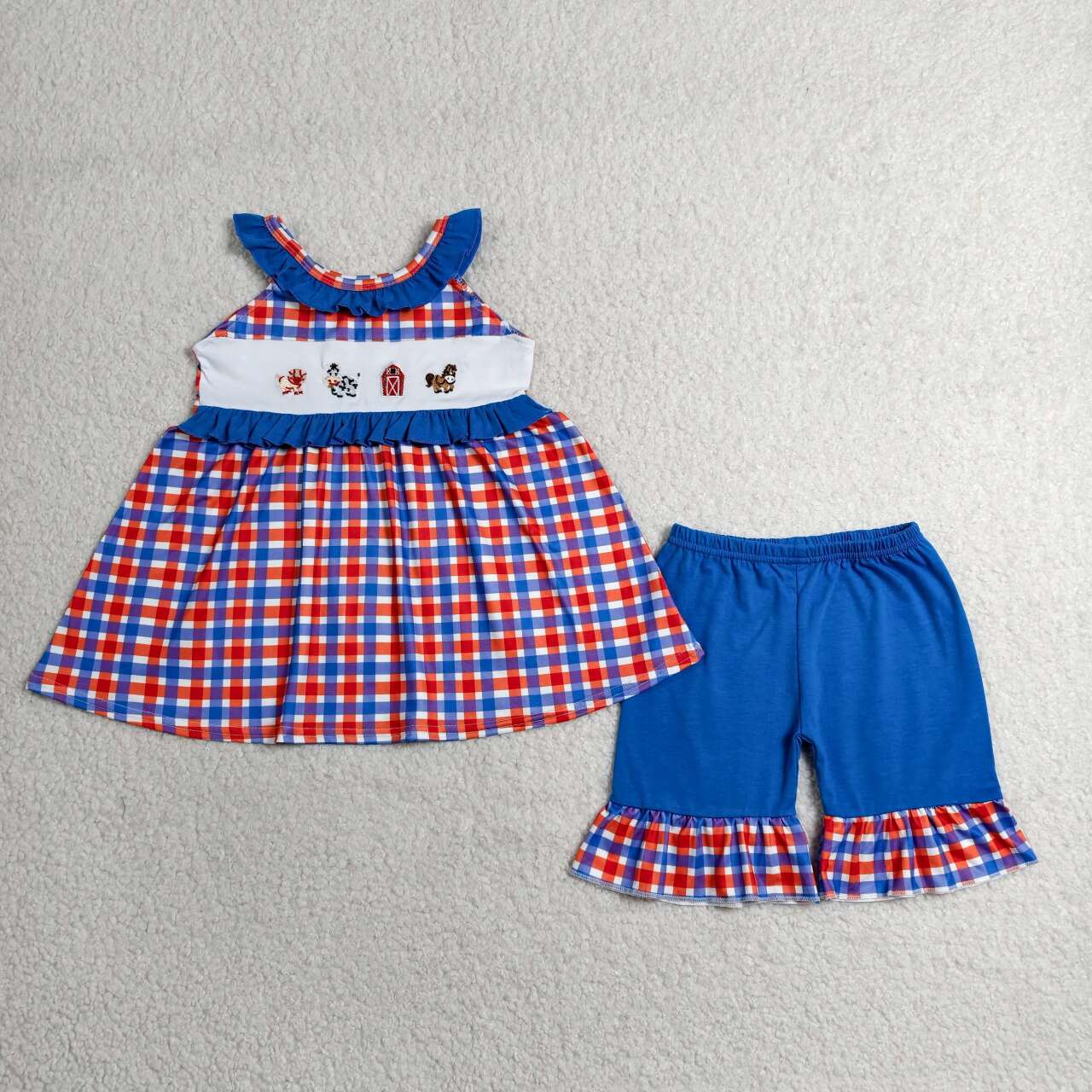 Embroidery Farm animal top matching shorts girls summer outfit
