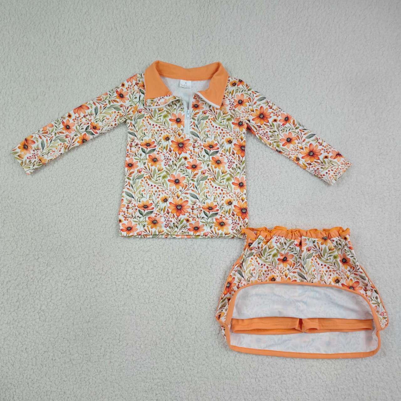 Orange flowers long sleeve pullover top matching skorts girls outfit