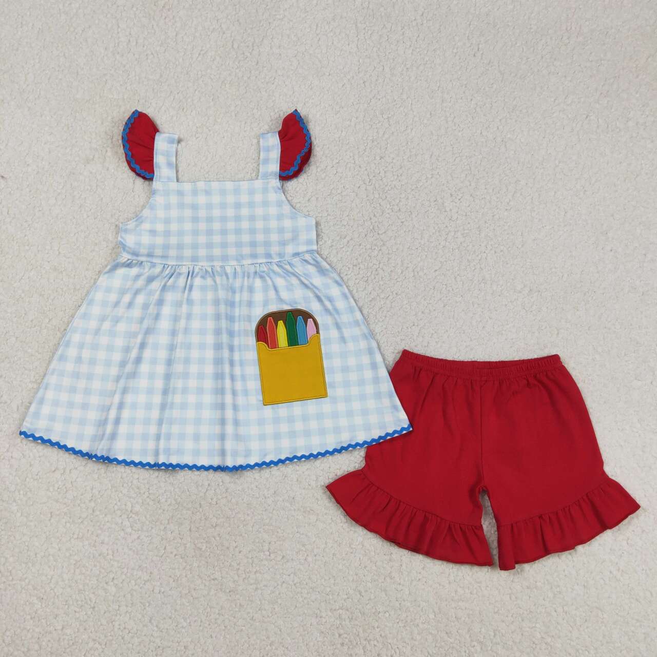 Back to school embroidery top matching shorts girls summer outfit