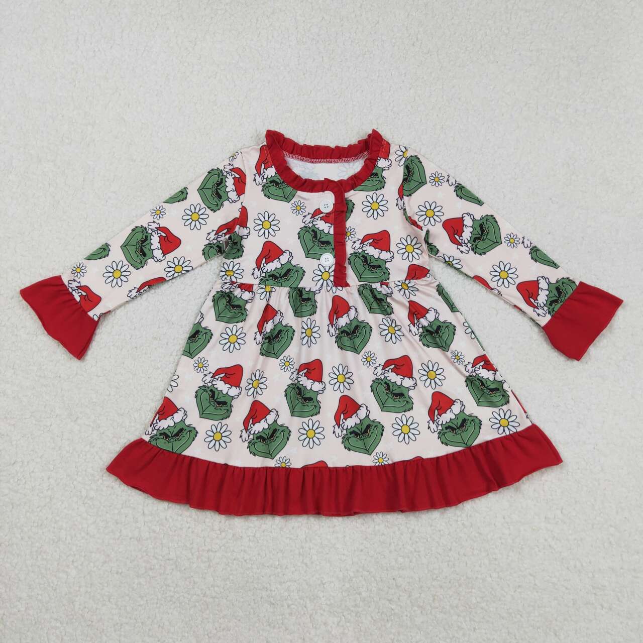 Christmas green face flowers girls long sleeve boutique dress