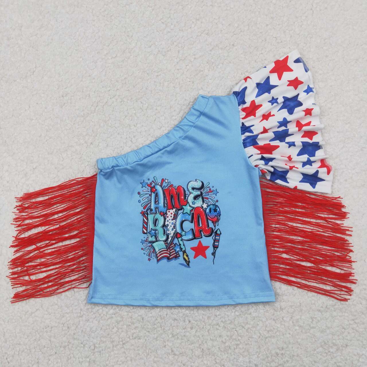 American flag smile face girls tassel t-shirt top