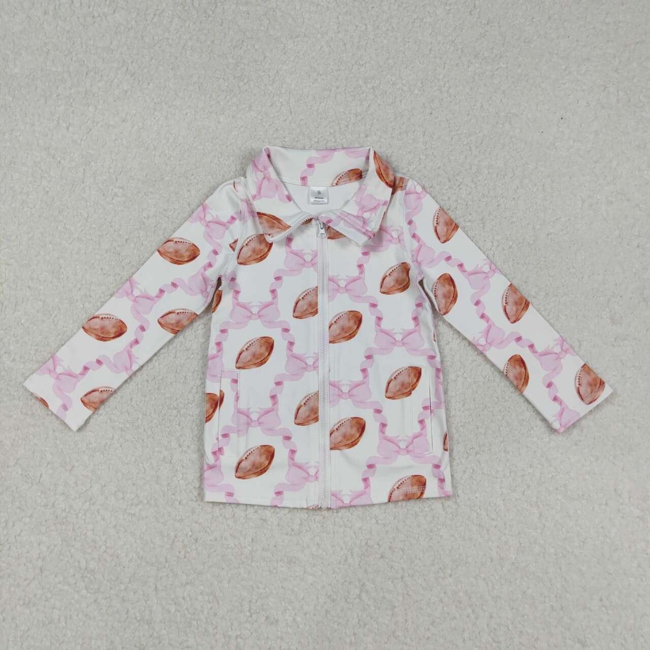 Pink bow football girls long sleeve yoga zip shirt
