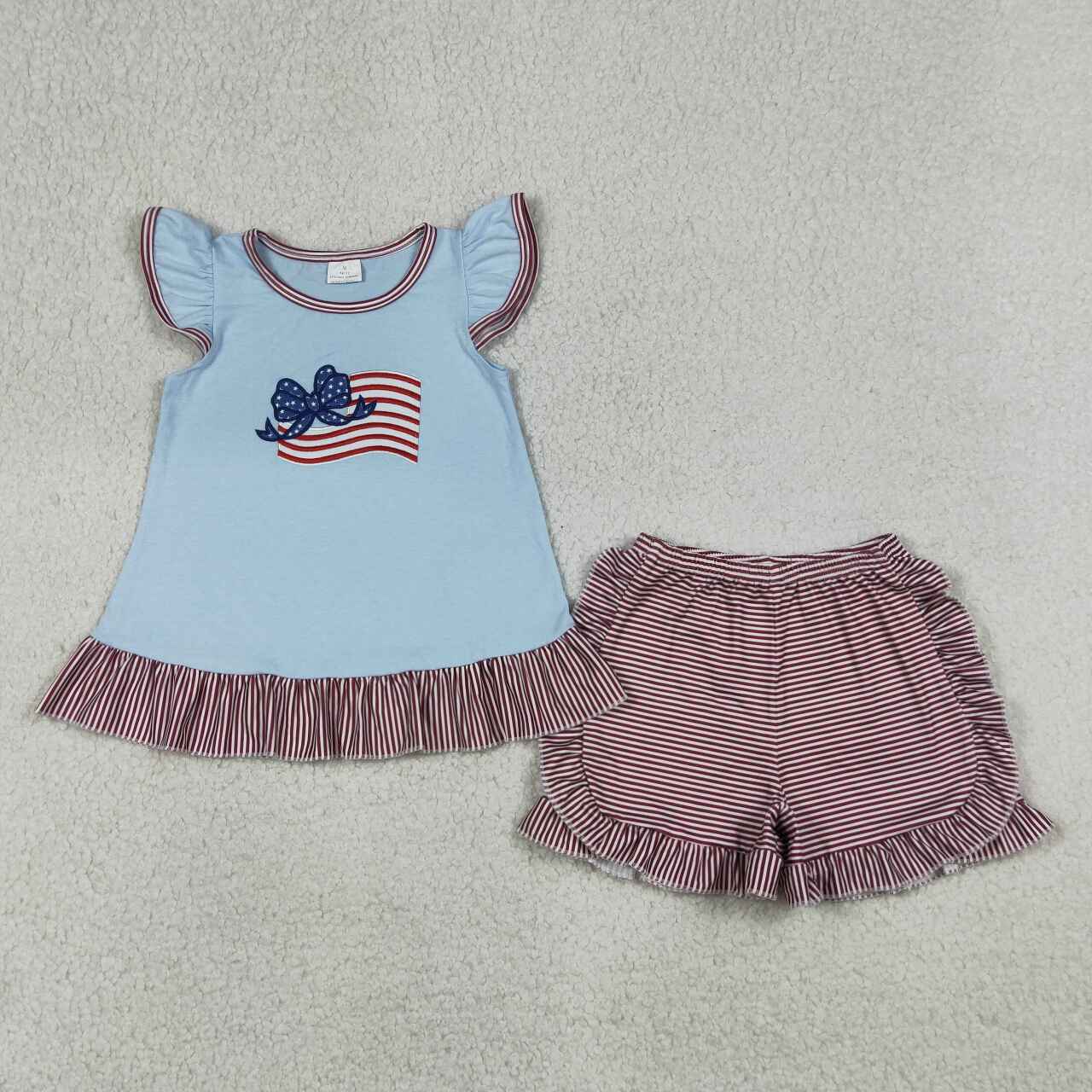 American flag embroidery top matching shorts design baby girl summer outfit