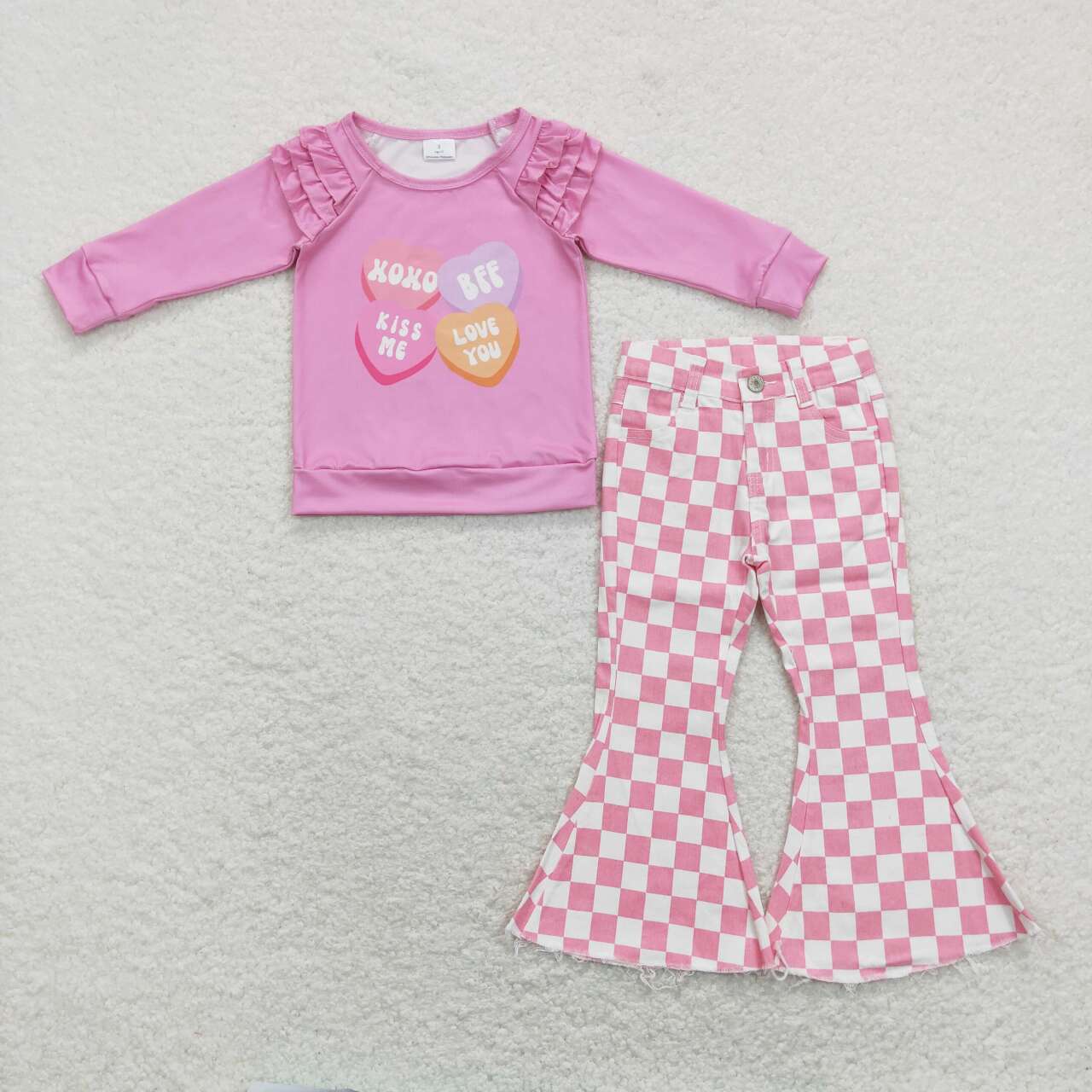 xoxo valentines day shirt pink checkered jeans bell bottoms spring fall outfit