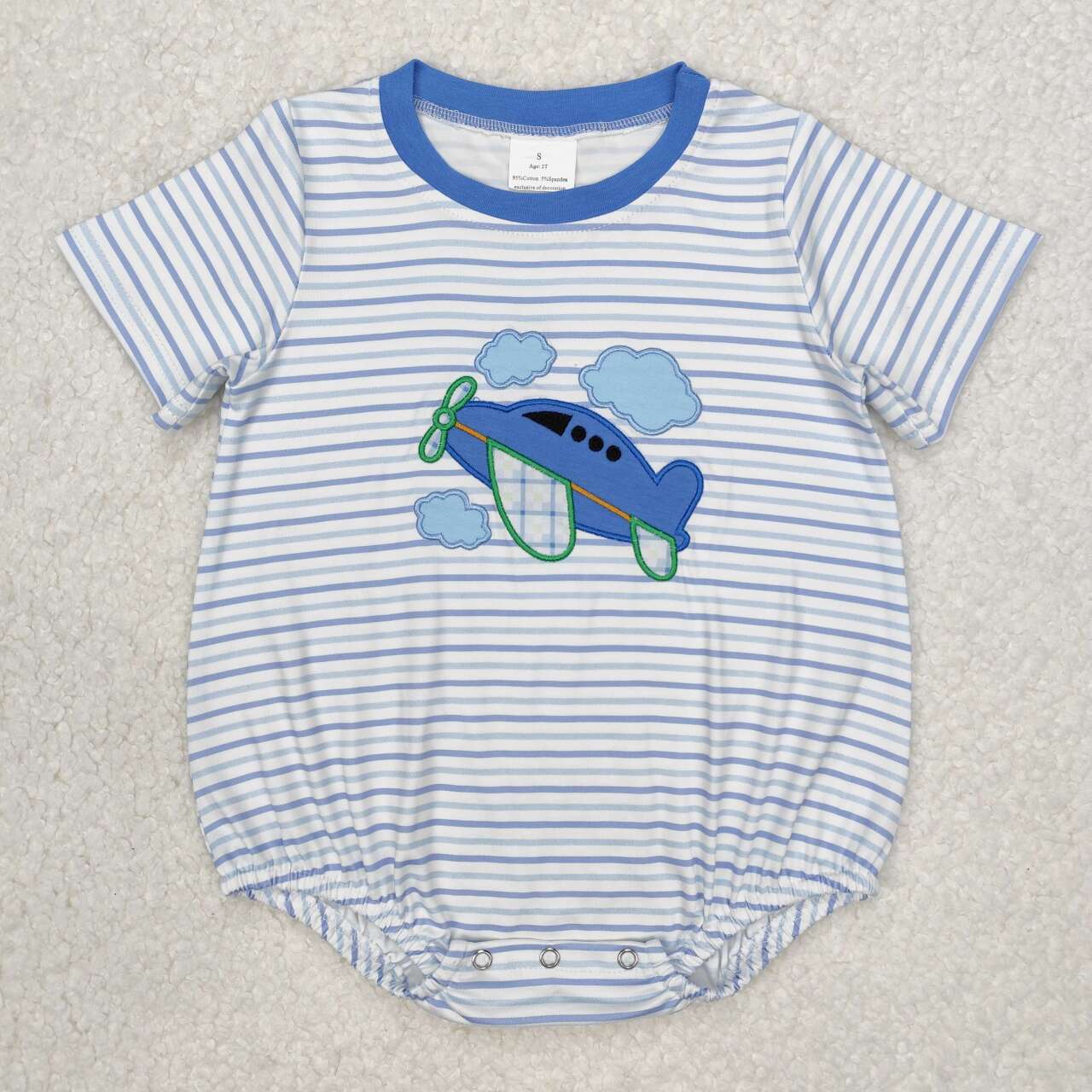 Embroidery Airplane blue strieps baby boy short sleeve romper