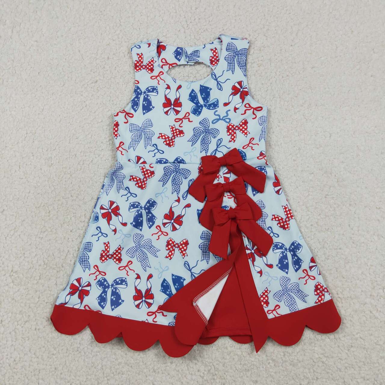 Red blue bow print girls summer active wear dress