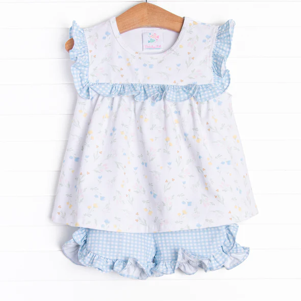 wholesale girls blue floral summer shorts outfit