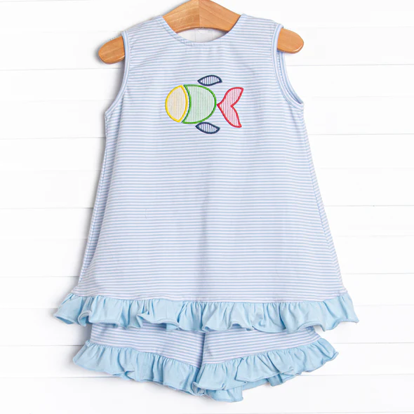 baby girl blue stripes sea fish design summer clothes