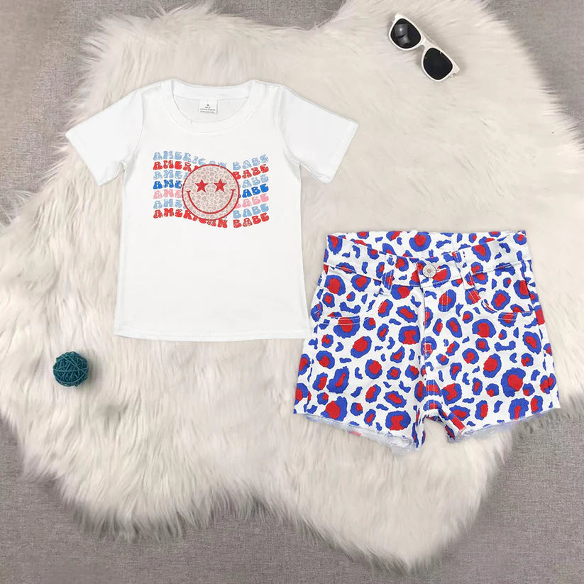 RTS NO MOQ GT0502+SS0167 Girls short-sleeved top Red and blue leopard print denim shorts