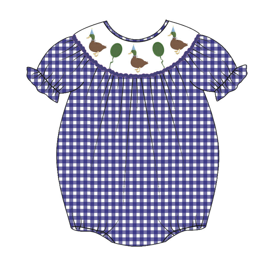 Newborn baby girls happy birthday duck print blue gingham romper