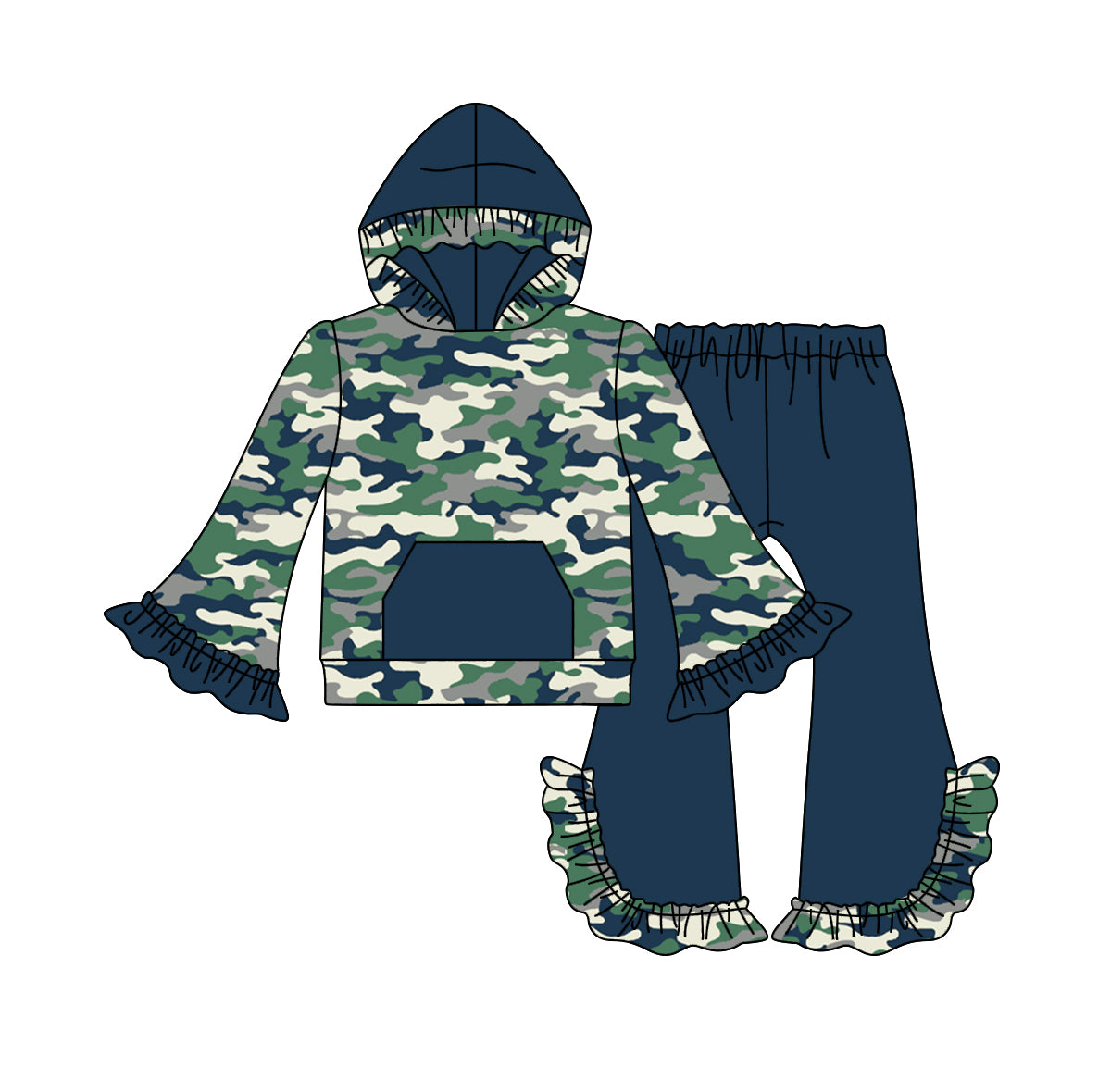 wholesale price baby girls green camo design long sleeve hoodie set