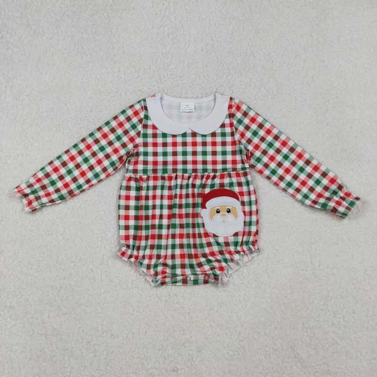 Christmas embroidery Santa Claus green red plaid long sleeve outfit