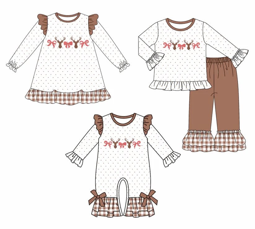 Toddle kids girls Christmas deer bow design matching outfit