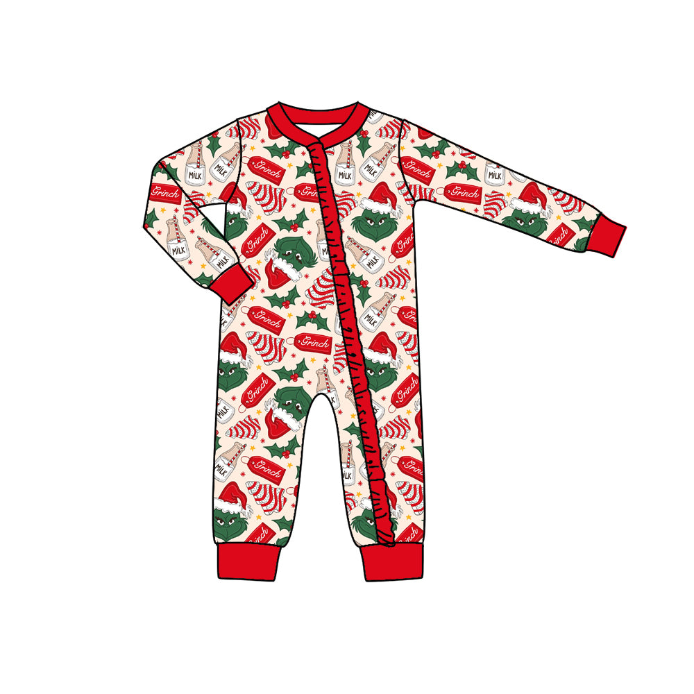 newborn baby girl christmas green face long sleeve zip romper