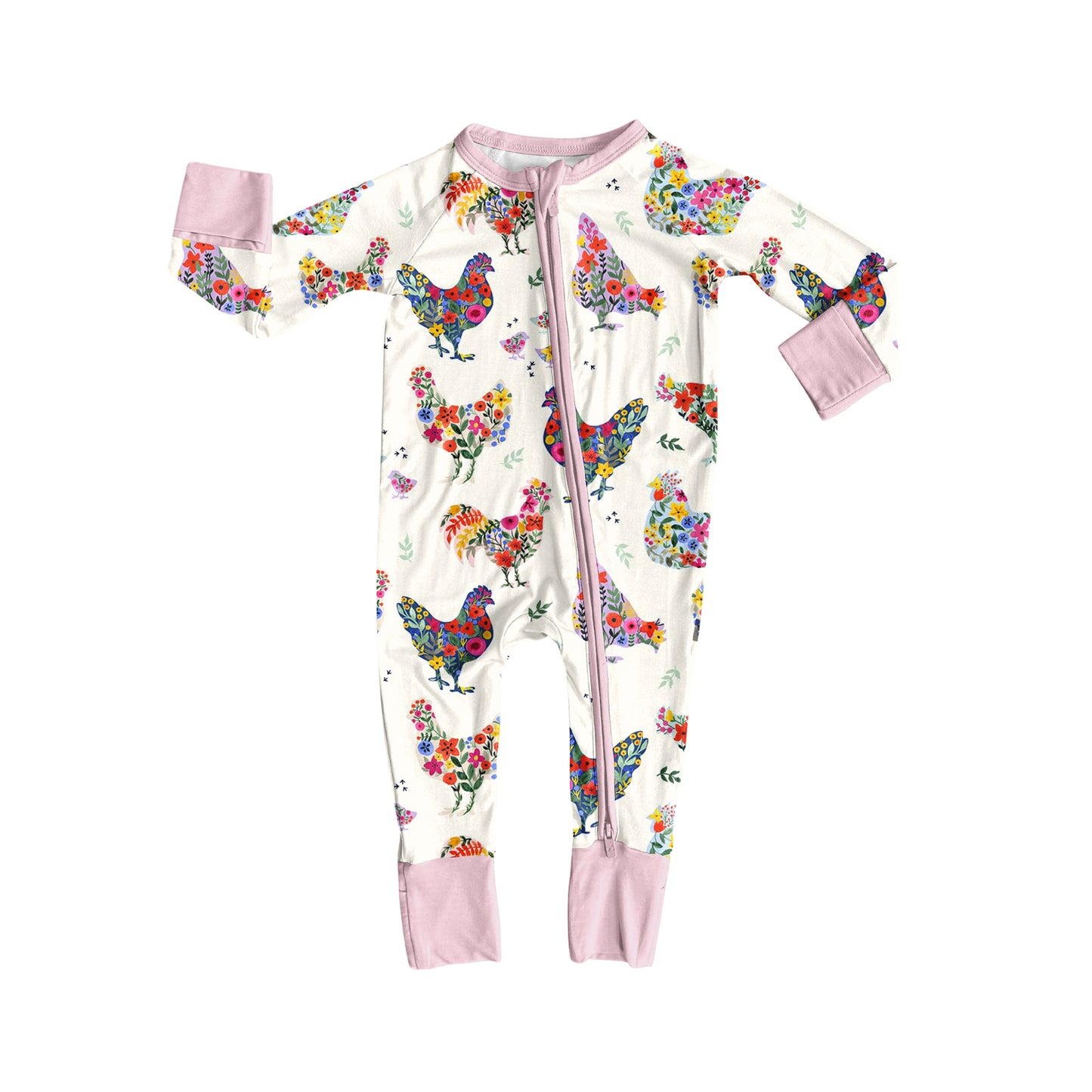 Floral chicken print kids long sleeve zip romper