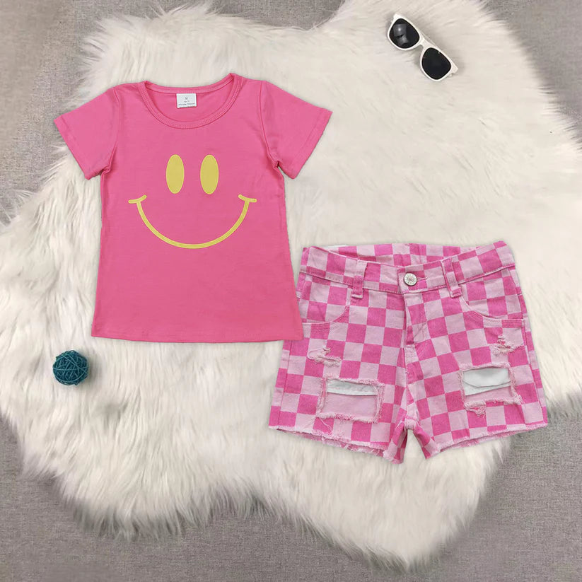 GT0959+SS0092 Smiley pink short sleeve Pink Check Denim Shorts sets
