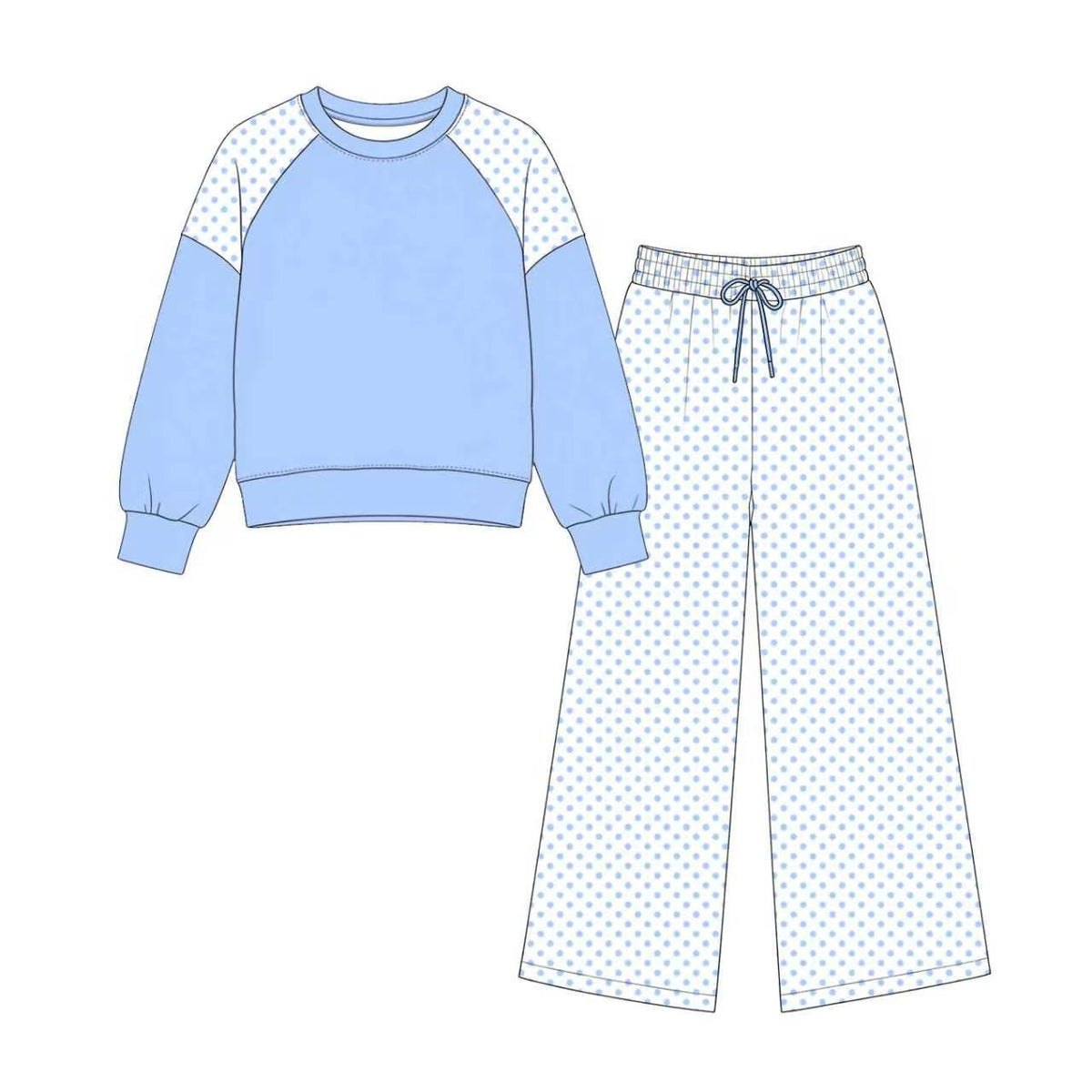 Green color polka dots design long sleeve top pants set