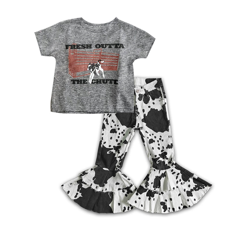 western short sleeve shirt cowhide jeans bell bottoms outfit
