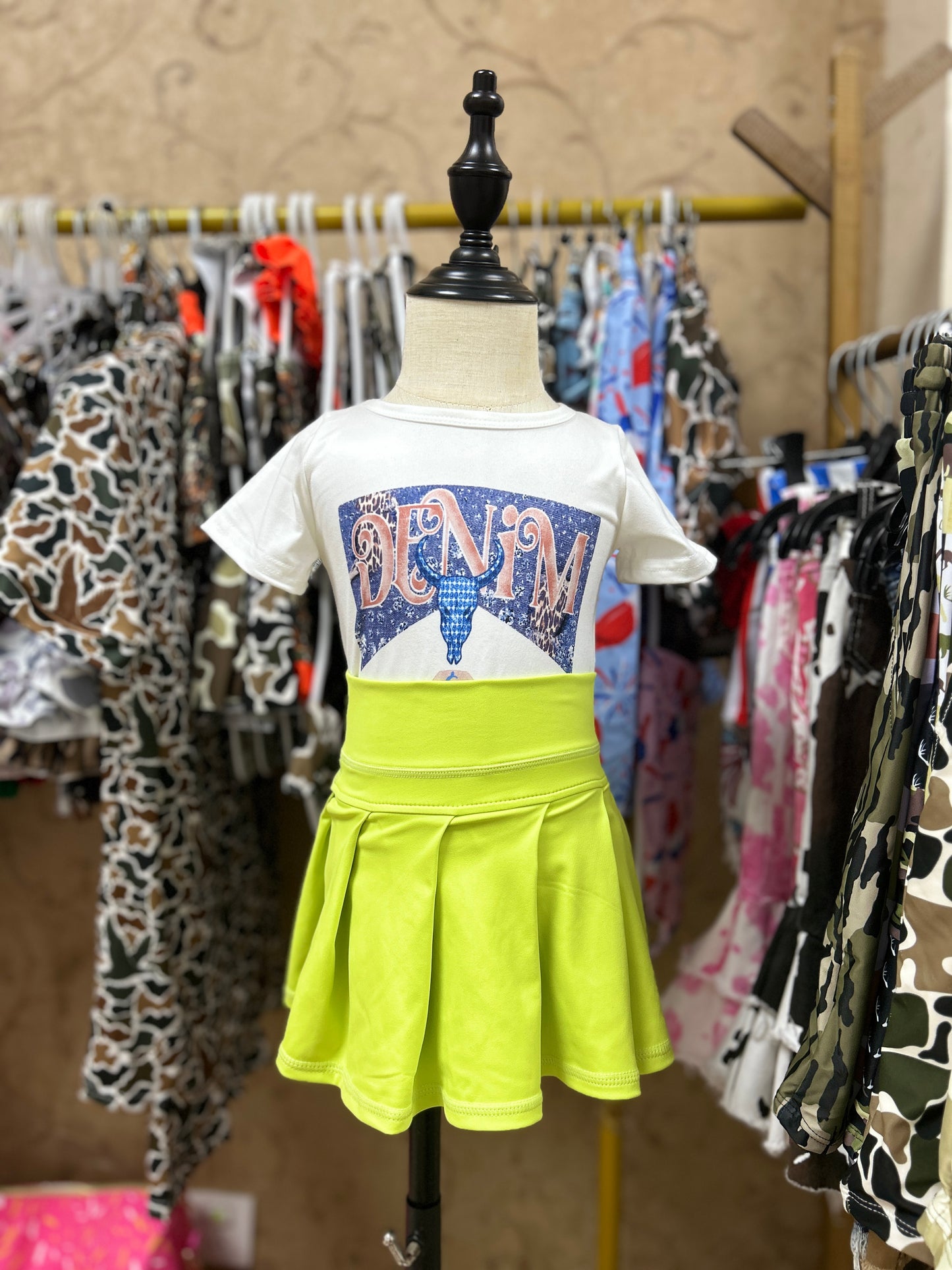 Girls western shirt matching lime green yoga skirt summer outfit