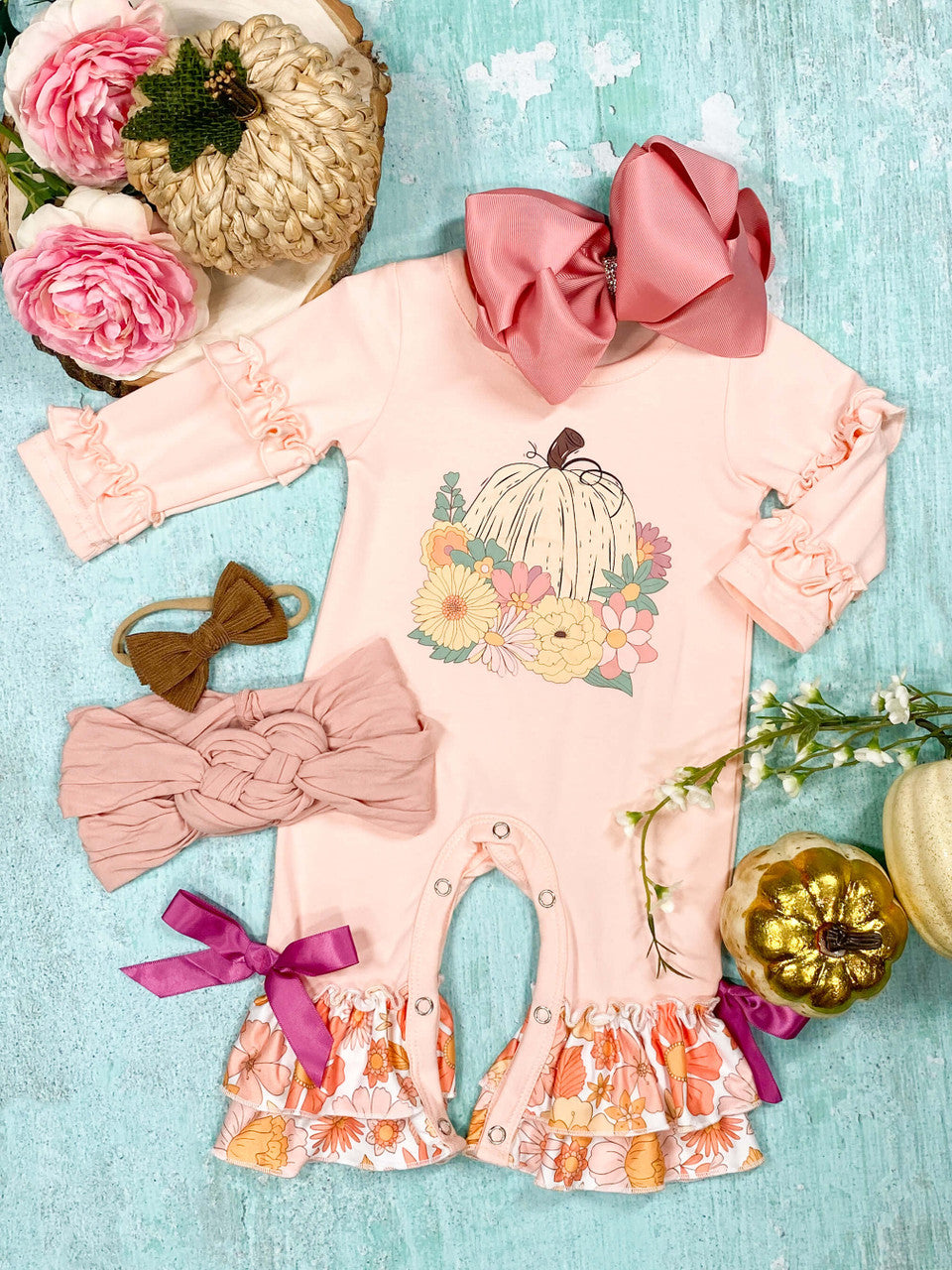 wholesale kids girls floral pumpkin fall season romper