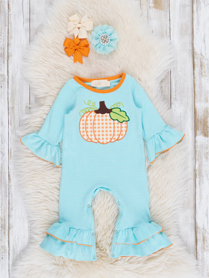 Blue stripes fall pumpkin romper wholesale price