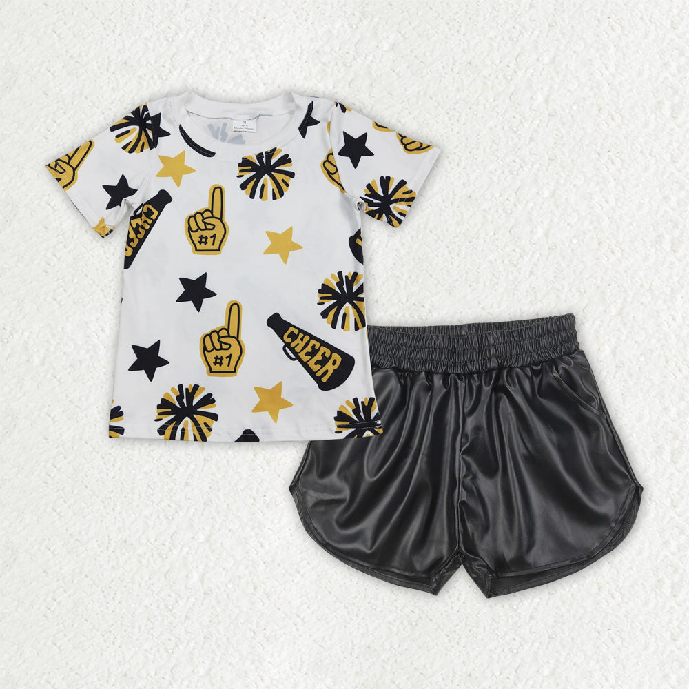 Girls yellow cheer shirt black pu shorts girl summer outfit