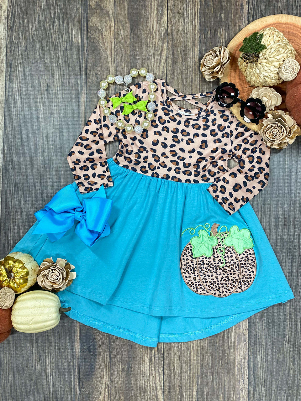 infant baby girls cheetah pumpkin blue fall dress