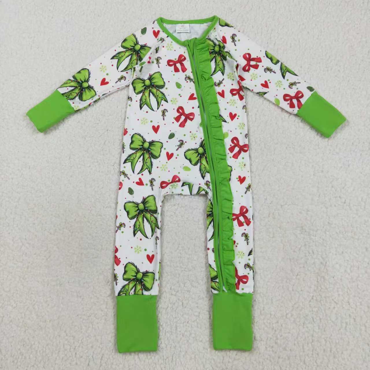 Christmas red green bow girls long sleeve matching outfit