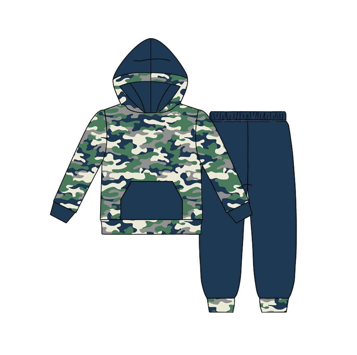 wholesale price baby green blue camo design long sleeve hoodie set