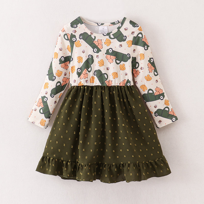 Pumpkin truck fall leaves long sleeve dress