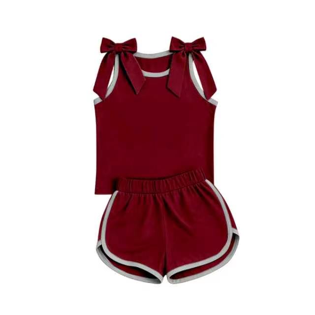 Solid color bow top matching shorts girls summer outfit