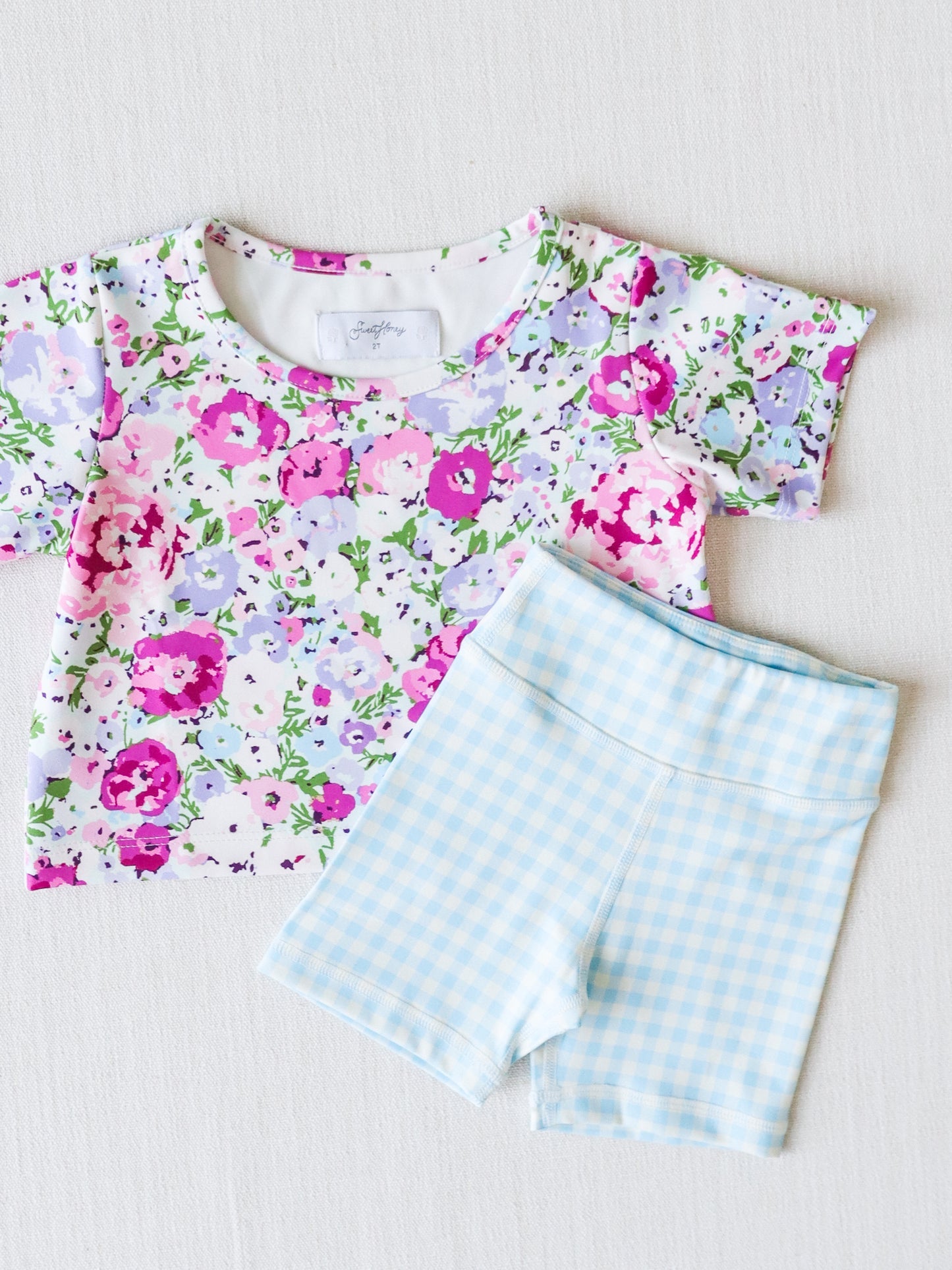 Toddle girl lavender floral blue plaid summer style outfit