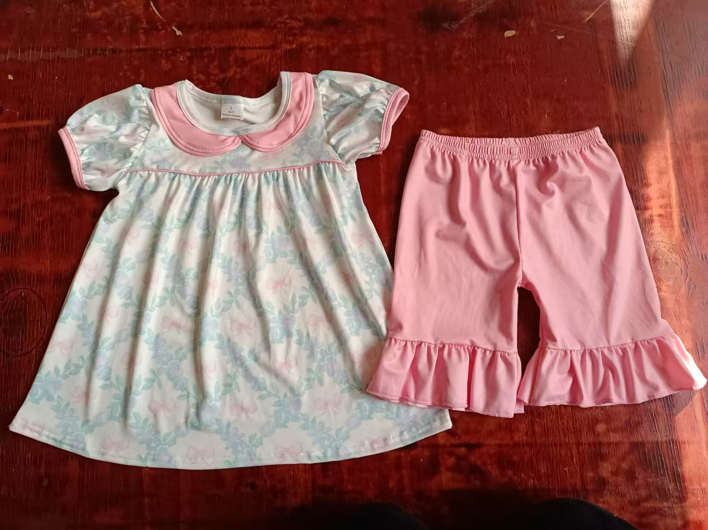 Baby girl pink bow floral top matching shorts summer clothes