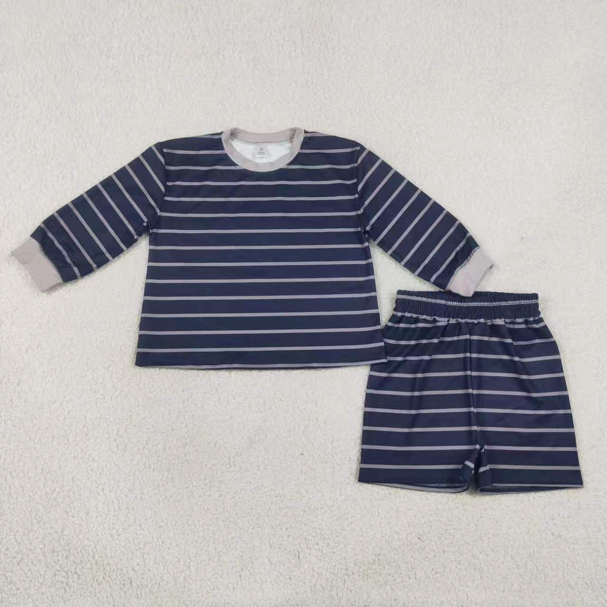 Royal blue stripes long sleeve yoga pullover top matching shorts girls outfit