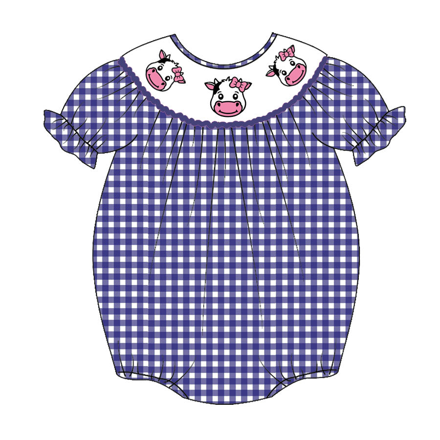 Newborn baby girls cow print blue gingham romper